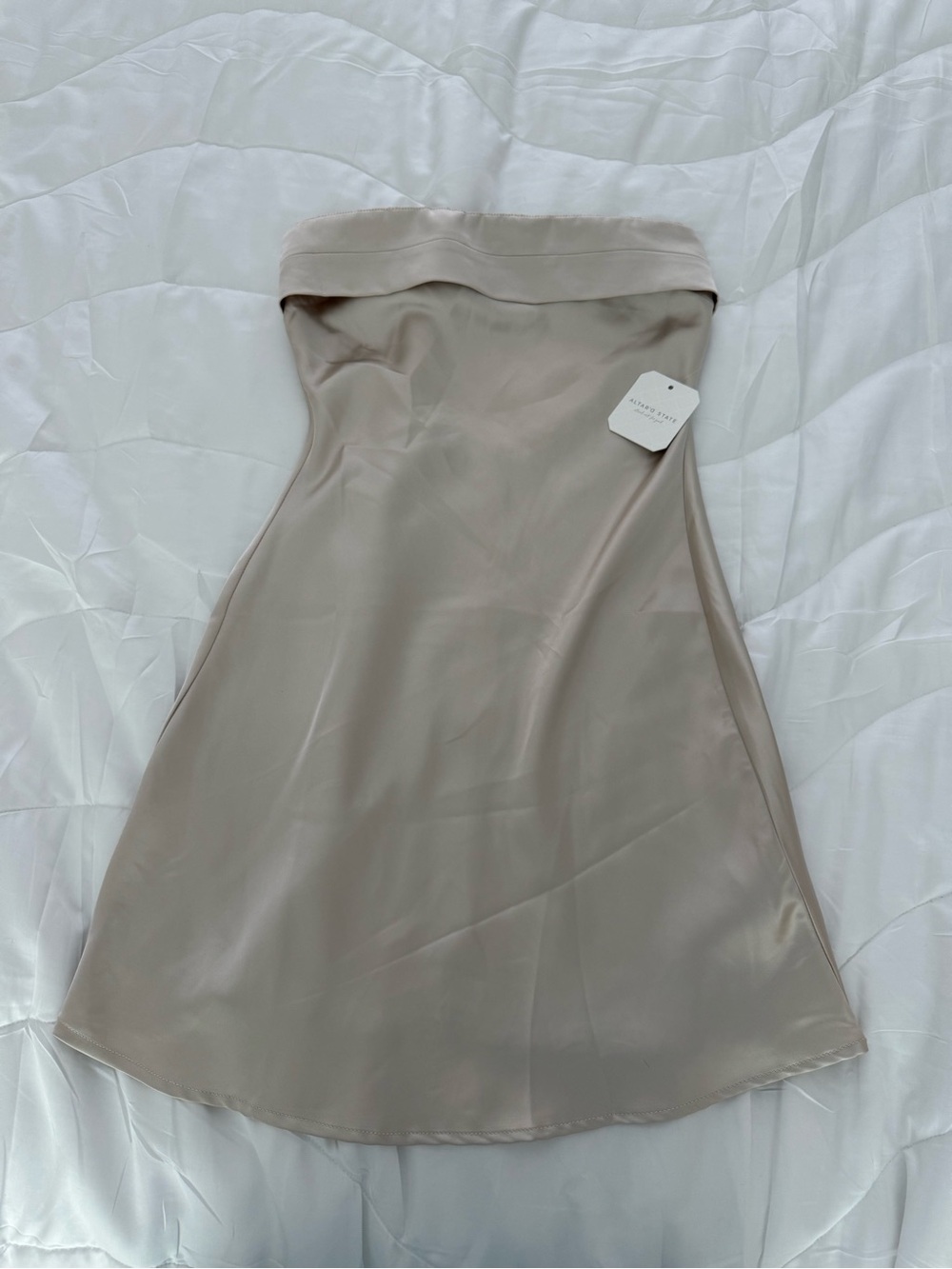 Altar'd State Strapless Satin Dress in Tan